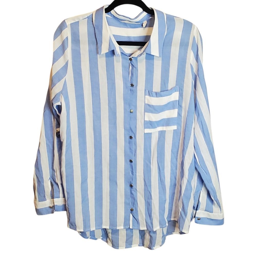 Soft Surroundings Women's Nautical Blue and White Button Down Blouse Sz XL